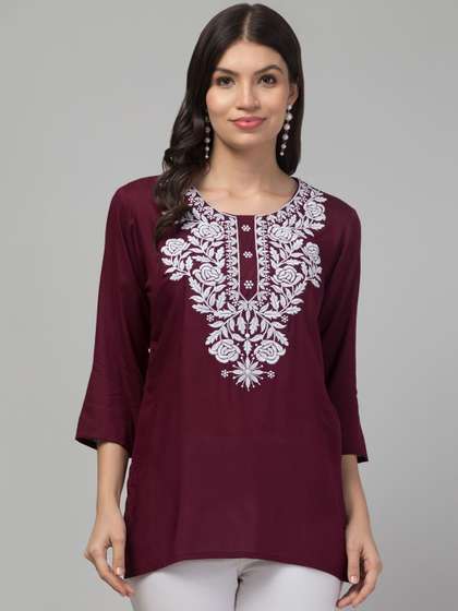 FAMBEE Women Floral Embroidered Thread Work Pure Cotton Kurti