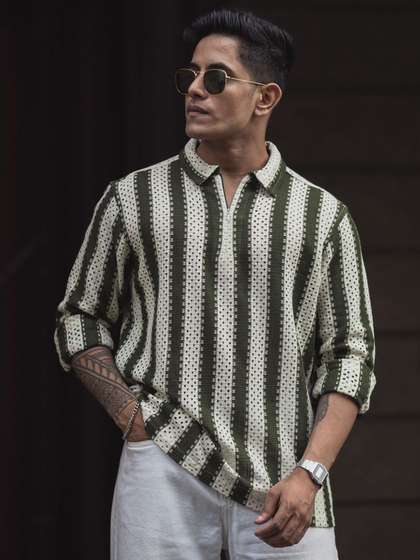 Powerlook Striped Polo Collar Pure Cotton Relaxed Fit T-shirt