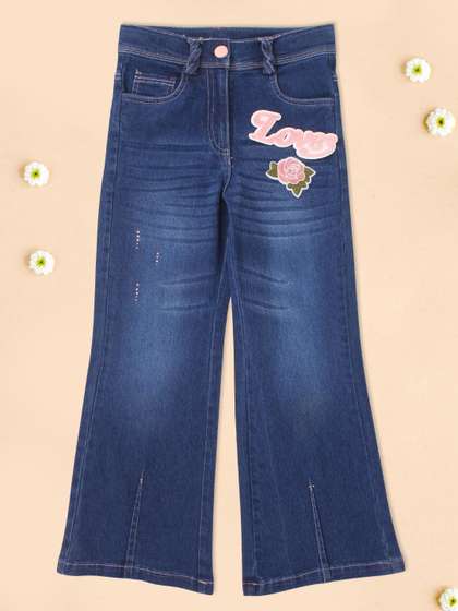 CUTECUMBER Girls Flared
                    Fit Low Distress Light Fade Stretchable Jeans