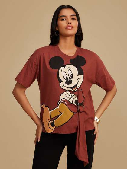 Kazo Women Mickey
                        Mouse Graphic Printed Round Neck Cotton Boxy
                        T-shirt