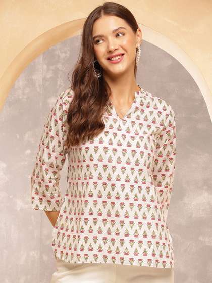 Anouk Rustic Women Floral Printed Mandarin Collar Cotton Top