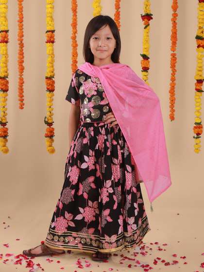 Sangria Girls Printed
                    With Embellished Pure Cotton Lehenga Choli With
                    Dupatta