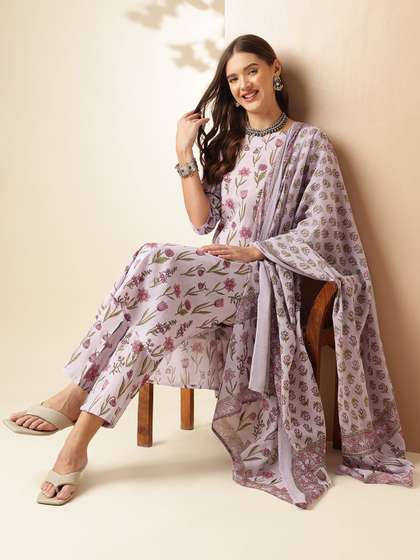 Anouk Lavender Floral Printed Notch Neck Pure Cotton Straight Kurta with Trouser & Dupatta