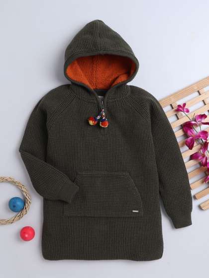Yellow Apple Girls
                      Self Design Woollen Hooded Longline Pullover
                      Sweater