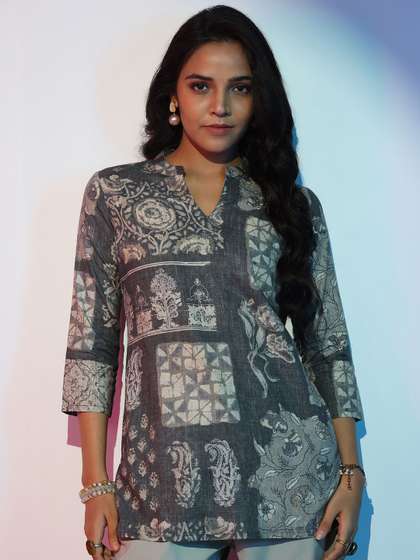 Gerua By Libas Women Ethnic Printed Mandarin Collar Linen Kurti