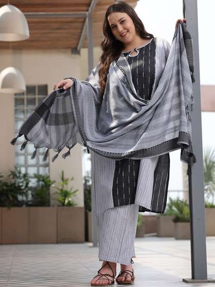 EXTRA LOVE BY LIBAS Plus Size Striped Gotta Patti Straight Kurta With Trouser & Dupatta