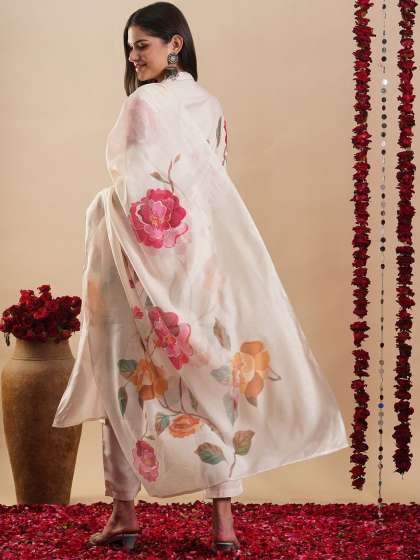 GoSriKi Floral Printed Regular Straight Kurta with Trousers & Dupatta