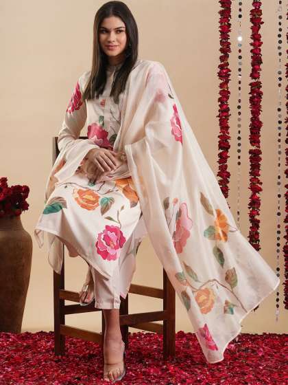 GoSriKi Floral Printed Regular Straight Kurta with Trousers & Dupatta