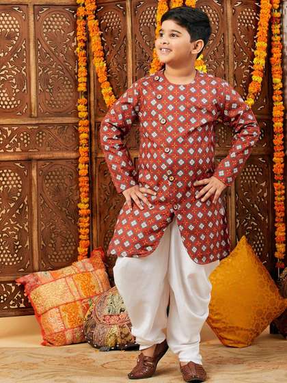 StyloBug Boys Ethnic
                    Motifs Printed Pure Cotton Straight Kurta with Dhoti
                    Pants