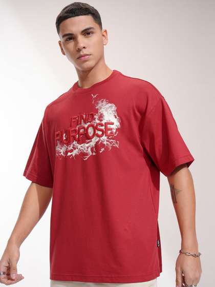 HIGHLANDER Men Typography Printed Round Neck Cotton Oversized T-shirt