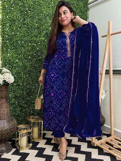 GoSriKi Bandhani Printed Mirror Work Straight Kurta With Trouser & Dupatta