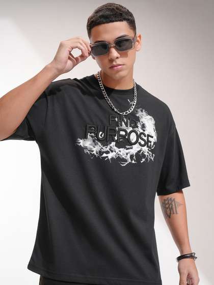 HIGHLANDER Men Typography Printed Round Neck Cotton Oversized T-shirt