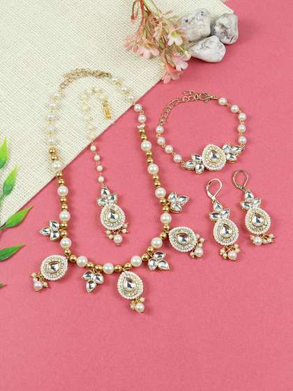 Asthetika Kids Girls
                      Kundan Stone Studded & Beaded Necklace &
                      Earrings Maang Tika Bracelet