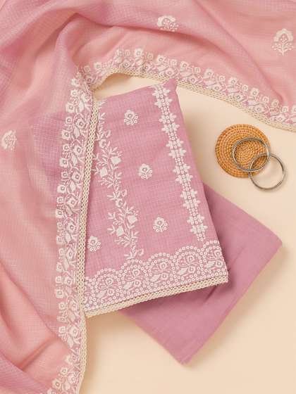 Koskii Women Floral
                        Embroidered Thread Work Unstitched Dress
                        Material