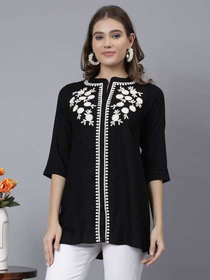 STUNICS Floral Embroidered Pure Cotton A-Line Kurti