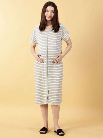 PURPLE FLAUNT
                        Striped Front Open Maternity Nightdress