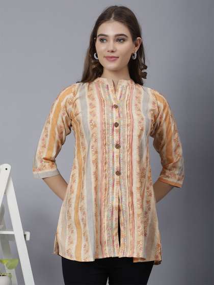 STUNICS Floral Printed Mandarin Collar Modal Tunic