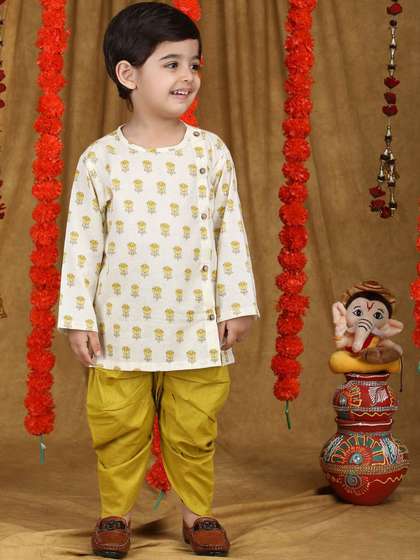 Polka Tots Boys Ethnic
                    Motifs Printed Pure Cotton Straight Kurta with Dhoti
                    Pants