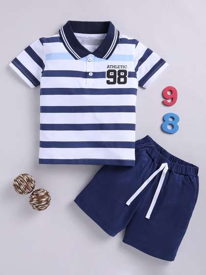 LITTLE NINJA Boys
                    Striped Polo Neck Short Sleeves Pure Cotton T-shirt
                    & Shorts