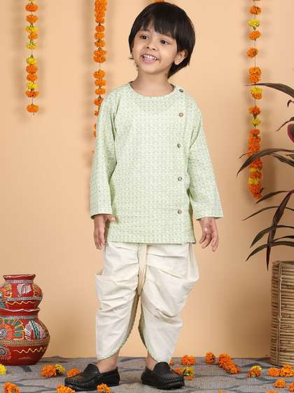 Polka Tots Boys Ethnic
                    Motifs Printed Straight Pure Cotton Kurta with Dhoti
                    Pants