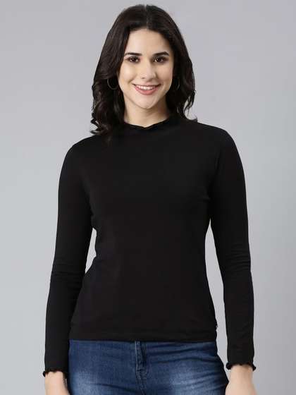 TWIN BIRDS Women
                        Solid High Neck Cotton Slim Fit T-shirt