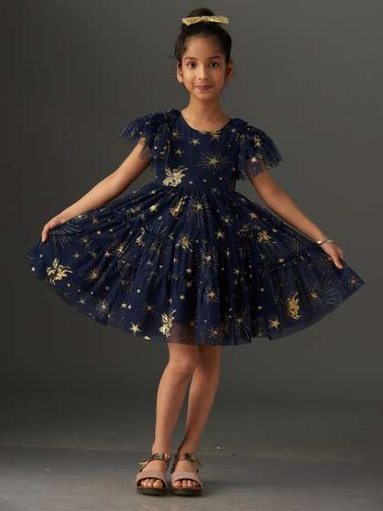 KidsDew Girls Star
                      Printed Flutter Sleeve Net Fit & Flare Dress