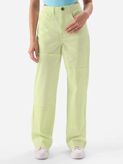 The Souled Store Women Straight Fit Solid Lime Green Pants