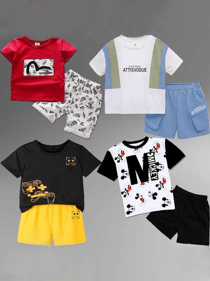 BAESD Kids Pack Of 4
                    Colourblocked Pure Cotton T-shirt With Shorts