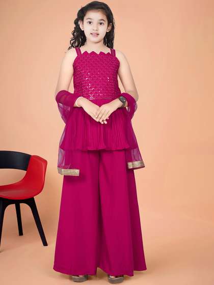 UFB Girls Ethnic
                      Motifs Embroidered Pleated Sequinned A-Line Kurti
                      With Palazzos & Dupatta