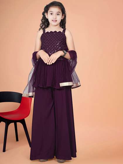 UFB Girls Ethnic
                      Motifs Embroidered Pleated Sequinned A-Line Kurti
                      With Palazzos & Dupatta