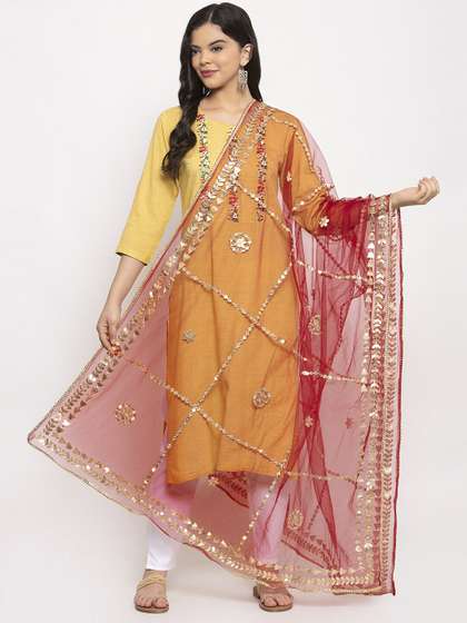Clora Creation Red
                        & Gold-Toned Embroidered Dupatta with Gotta
                        Patti