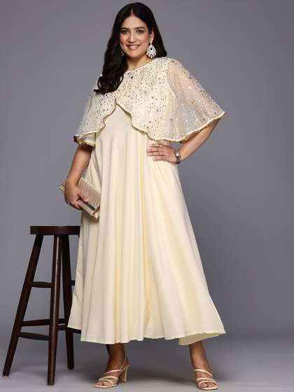 A PLUS BY AHALYAA
                        Plus Size Polka Dots Printed Cape Sleeves Maxi
                        Ethnic Gown