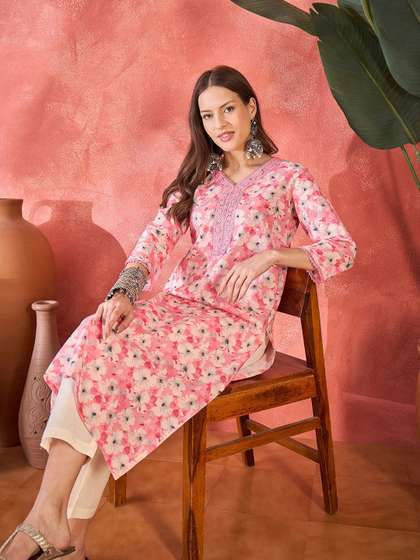 Sangria Floral
                        Printed V-Neck Straight Kurta