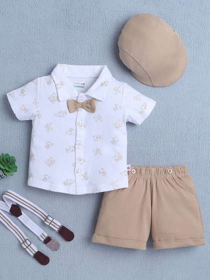 BUMZEE Boys Printed
                    Short Sleeves Shirt With Shorts & Suspenders