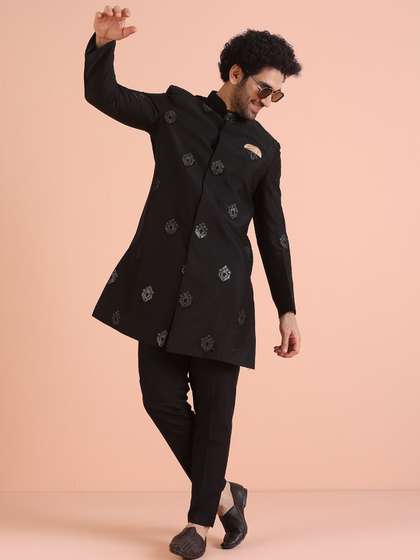 KISAH Men Jacquard
                        Mandarin Collar Indowestern Sherwani Set