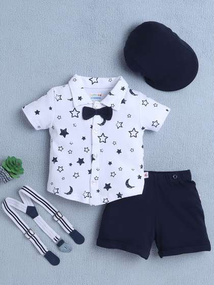 BUMZEE Boys Printed Pure
                    Cotton Shirt with Short Set With Bow Suspender &
                    Cap