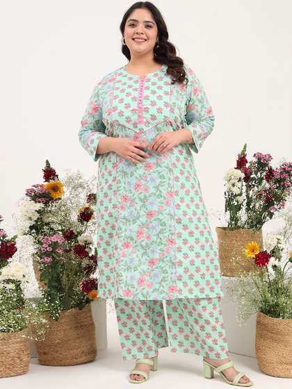 Tissu Plus Size
                          Floral Printed Round Neck Pure Cotton Straight
                          Kurta with Palazzos