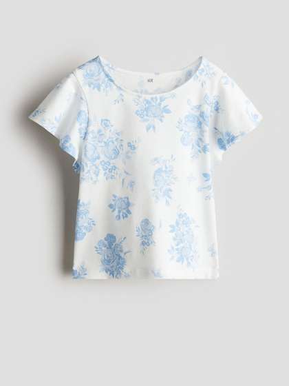 H&M Girl's Floral Printed Flutter Sleeves Cotton Top