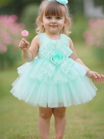 Lagorii Girls Sea Green
                    Floral Embellished And Sequins Work Layered Party
                    Wear Frock