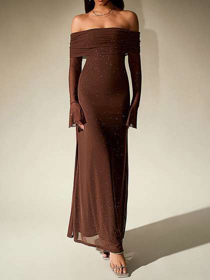 bebe Brown
                        Embellished Off-Shoulder Ruched Bell Sleeve Maxi
                        Dress