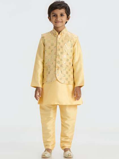 Sangria Boys Dupion Silk
                    Sequined Mandarin Collar Kurta With Pyjamas And
                    Nehru Jacket