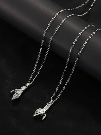 Peora Set Of 2
                    Silver-Plated Contemporary Holding Hand Promise
                    Couple Pendant With Chain