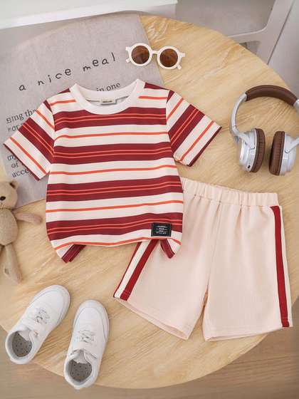 INCLUD Boys Striped
                    Round Neck T-Shirt With Shorts
