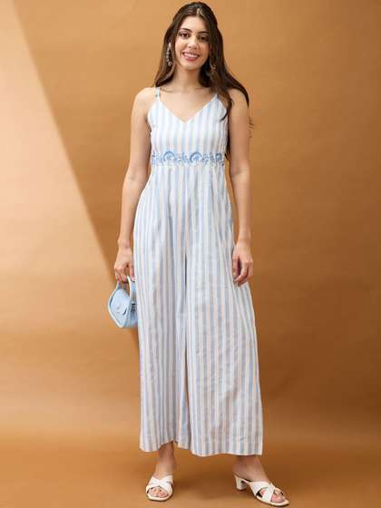 Globus Striped
                          V-Neck Shoulder Strap Embroidered Detail Wide
                          Leg Fusion Jumpsuit