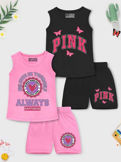 HERE&NOW Girls Pack
                    Of 2 Graphic Printed Sleeveless T-Shirts With
                    Shorts