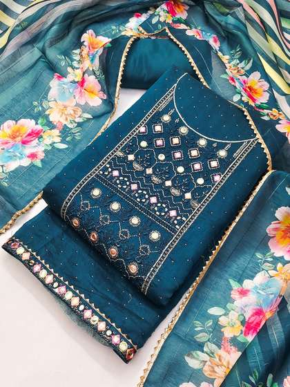 TAVAS Floral
                          Embroidered Mirror Work Unstitched Dress
                          Material