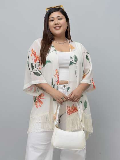 PURYS PLUS Floral
                        Printed Tasselled Regular Shrug