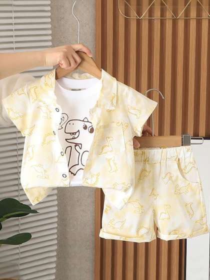 INCLUD Boys Dinosaur
                    Printed Short Sleeves Shirt With T-Shirt &
                    Shorts
