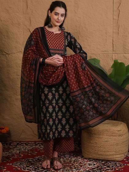 GULMOHAR JAIPUR
                          Ethnic Motifs Printed Notch Neck Pure Cotton
                          Kurta With Palazzos & Dupatta
