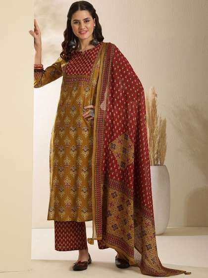 GULMOHAR JAIPUR
                          Ethnic Motifs Printed Pure Cotton Straight
                          Kurta with Palazzo & Dupatta